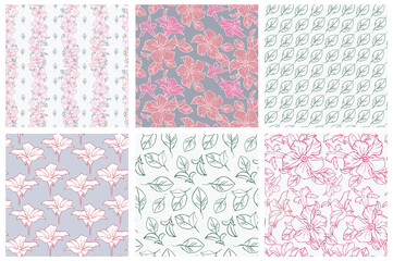 Jasmine exotic flower, hand drawn vector seamless pattern set for textile fabric, card or wedding invite, surface design