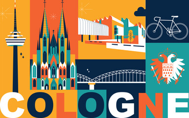 Typography word “Cologne” branding technology concept. Collection of flat vector web icons. Culture travel set, famous architectures, specialties detailed silhouette. German famous landmark - obrazy, fototapety, plakaty