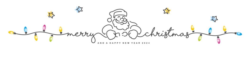 Merry Christmas and Happy new year 2024 eve line design handwritten lettering tipography line design pattern with Santa Claus turns on the Christmas lights on a white background
