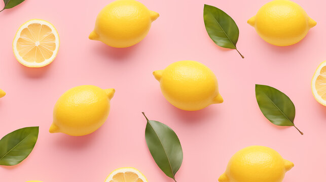 lemons are arranged on a pink background with leaves