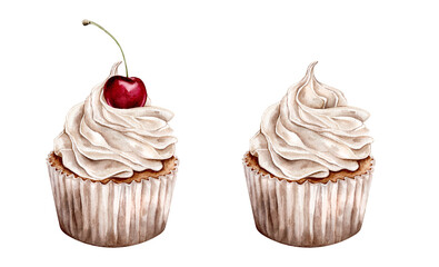 Watercolor sweets cupcake with cherry. Realistic element of design holidays or wedding pastel colors. Watercolor hand drawing illustration on isolated white background for birthday or Valentines day