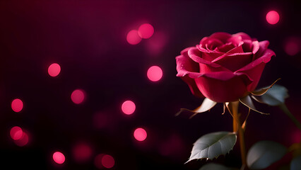 Red rose on dark background with bokeh lights and copy space.