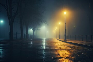 A misty night in the city with streetlights casting a golden glow on fog-covered paths.