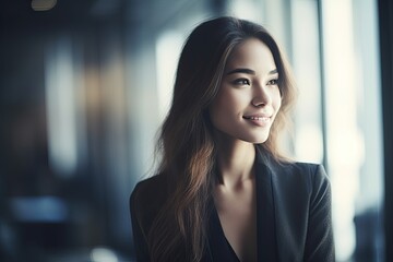 Fototapeta premium An Asian businesswoman with long hair, exuding confidence and professionalism in a corporate office setting.