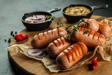 Grilled sausages with sauces. Food recipe background. Close up