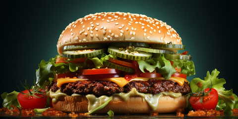 Big tasty cheeseburger with french fries on wooden table over dark background. ia generative