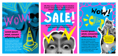 A set of grunge punk posters for sales, events, exhibitions. Halftone, retro collage. Template, design