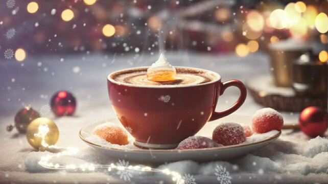 A cup of wine with Christmas decorations under falling snow