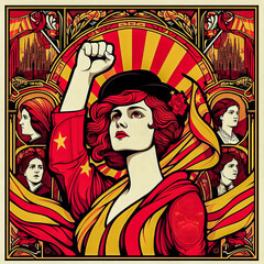 Modernist poster of revolutionary woman in yellow and red tones