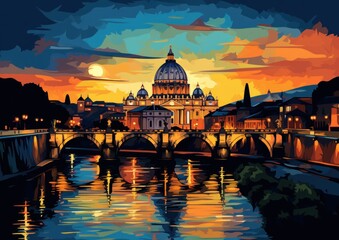 Fototapeta premium saint peter basilica night city view in style of illustration wall art poster