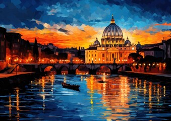 Fototapeta premium saint peter basilica night city view in style of illustration wall art poster