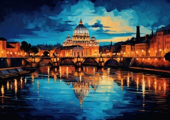 Fototapeta premium saint peter basilica night city view in style of illustration wall art poster