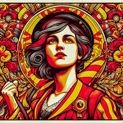 Modernist poster of revolutionary woman in yellow and red tones