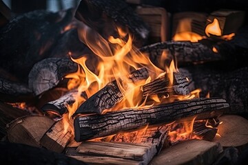 Burning black logs with orange flame in fireplace, close up. 