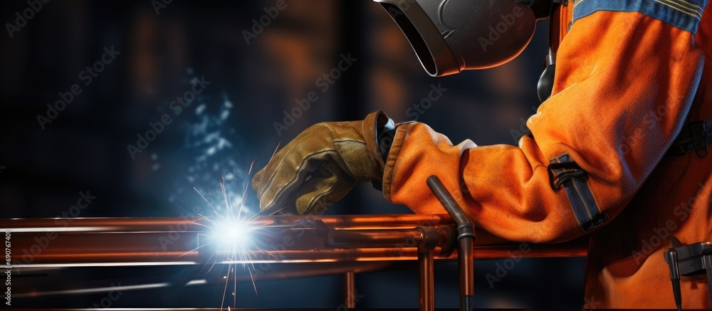 Poster Welding works at home A hand in a work glove Welding a ladder. Copyspace image. Header for website template