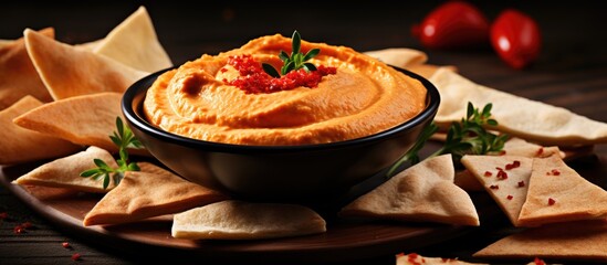 Roasted red pepper hummus with pita chips. Copyspace image. Header for website template - obrazy, fototapety, plakaty