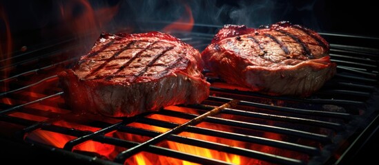 The outdoor two burner gas grill is put to good use sizzling with the sound and aroma of ribeye steaks and onion rings being perfectly cooked. Copyspace image. Square banner