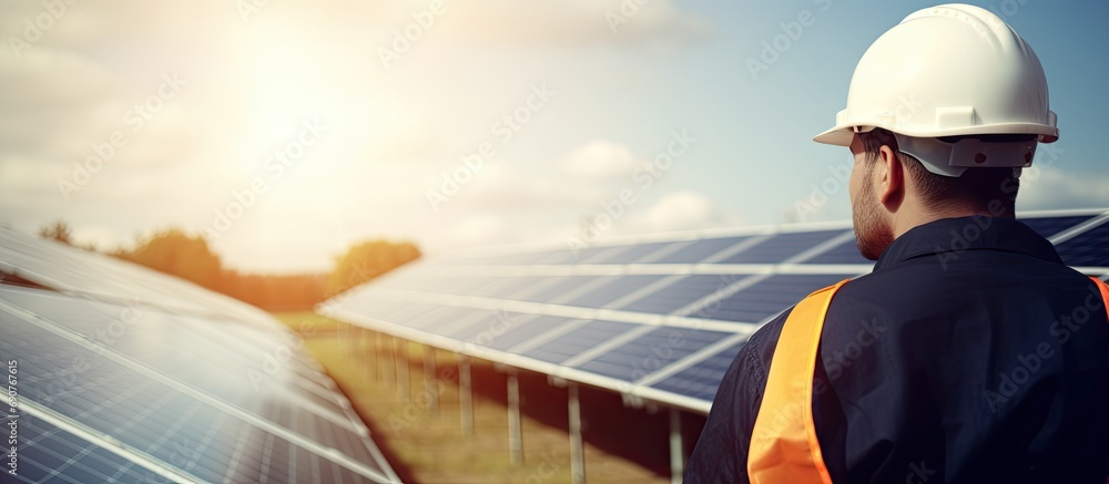 Poster the solar farm solar panel with engineers check the operation of the system alternative energy to co