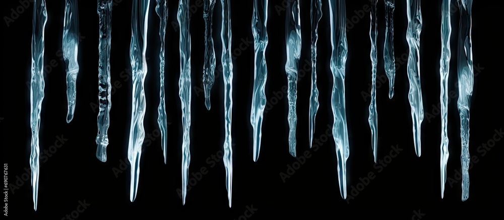 Aufkleber Sharp icicles isolated on black background. Copyspace image. Header for website template