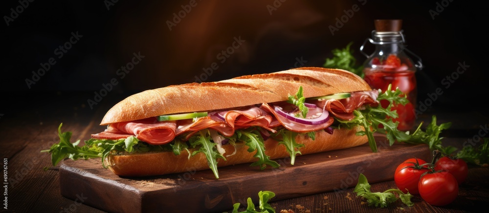 Aufkleber takeaway delicious sandwich with mortadella or parma ham multi grain baguette arugula and onion. cop
