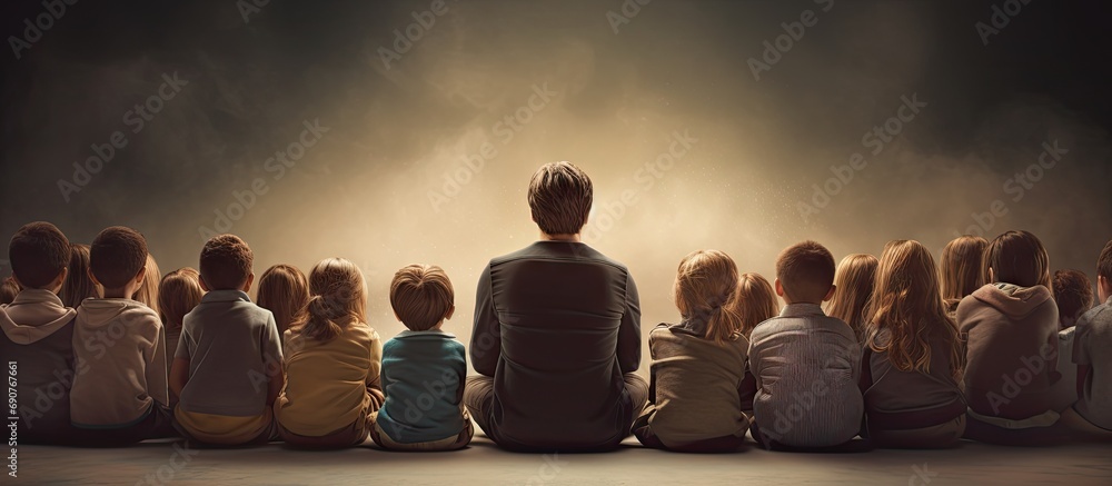 Aufkleber rear view of group of school kids sitting and listening to teacher in classroom. copyspace image. he