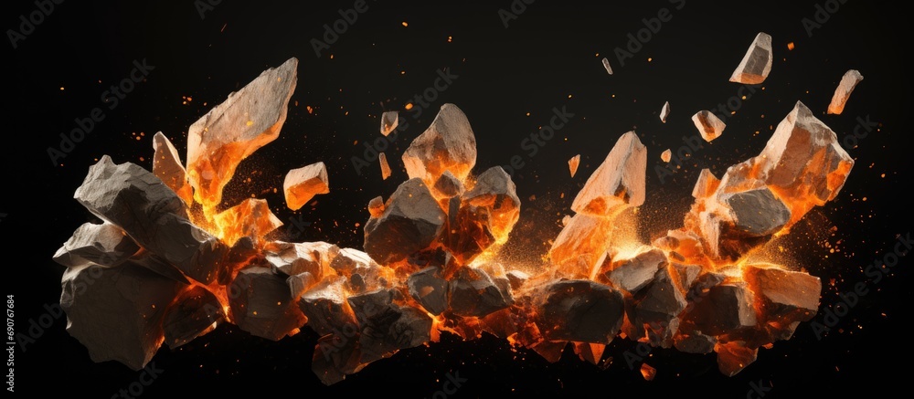 Aufkleber Split debris of stone exploding with orange dust against black background. Copyspace image. Header for website template