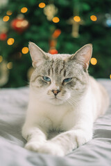 Cute gray cat with blue eyes lies on the background of a Christmas tree