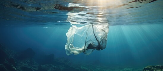 Underwater pollution A discarded plastic carrier bag drifting in a tropical blue water ocean....