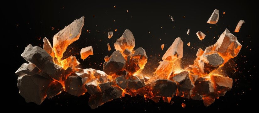 Split debris of stone exploding with orange dust against black background. Copyspace image. Header for website template