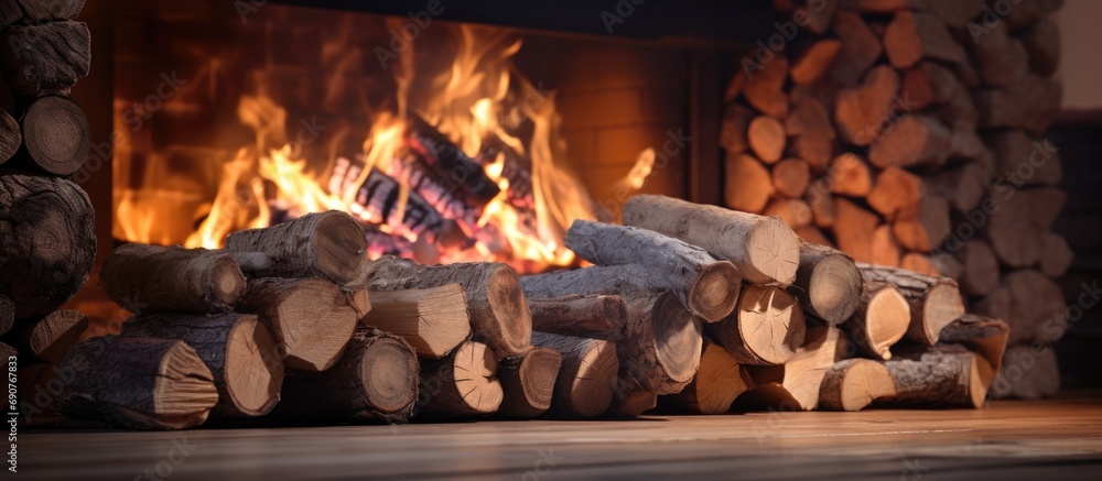 Aufkleber smoking firewood in a restaurant fireplace close up. copyspace image. header for website template