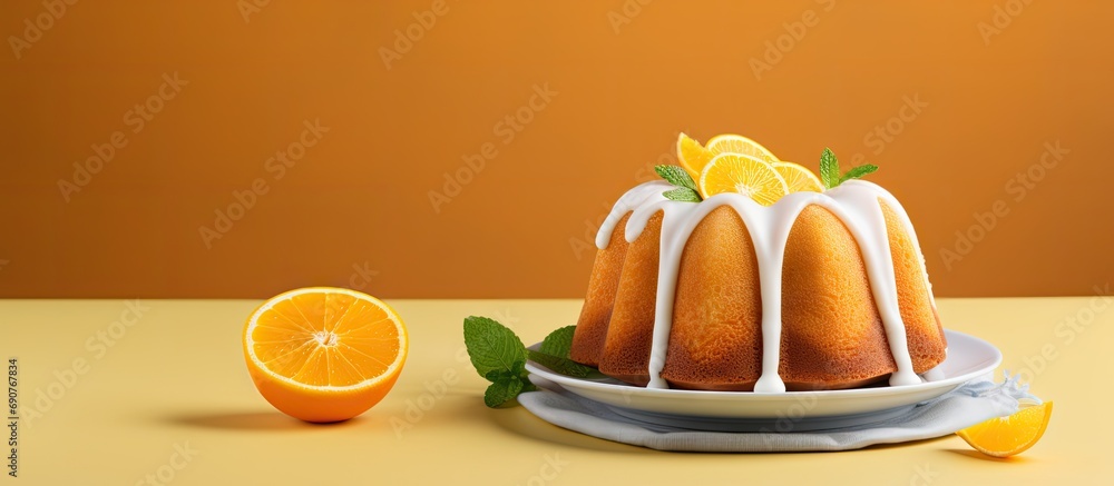 Poster traditional vanilla pound cake with orange extract bundt cake recipe. copyspace image. header for we