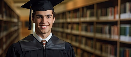 Young and smiling graduate holding her bachelor s degree and wearing a cap and gown inside a library during graduation. Copyspace image. Header for website template