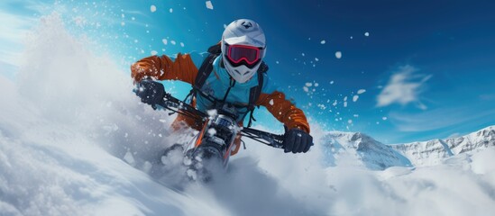 Winter Extreme Sport FPV Snowboarding Fun In Snow. Copyspace image. Header for website template