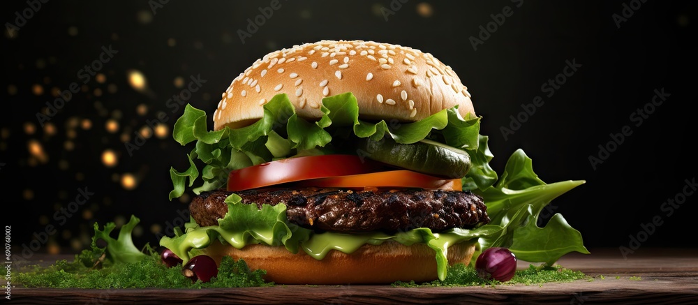 Poster traditional homemade cheeseburger with arugula. copyspace image. header for website template