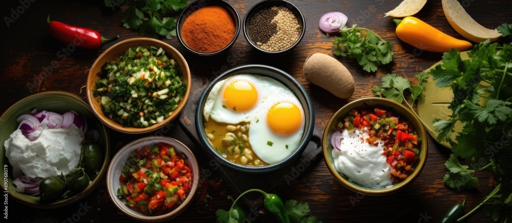 Poster tacos with eggs for breakfast and variety of mexican dishes. copyspace image. header for website tem