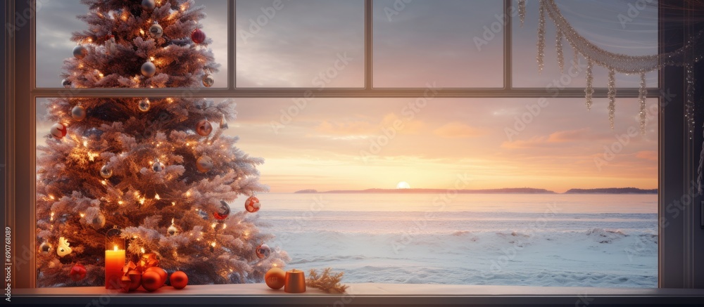 Poster winter trees and a sea view during a golden sunset seen through a patio window there is a defocused 