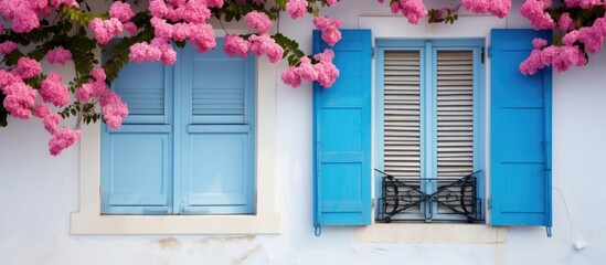 Window with closed blue shutters with heart shaped cuts and bougainvillea flowers French Riviera South of France. Copyspace image. Header for website template
