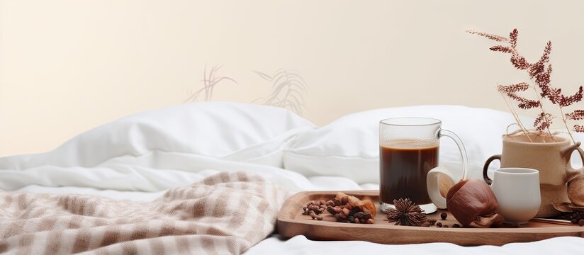 Wooden tray with coffee and interior decor on the bed with white linen. Copyspace image. Header for website template
