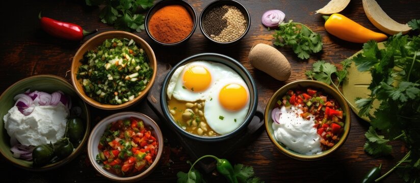 Tacos with eggs for breakfast and variety of mexican dishes. Copyspace image. Header for website template