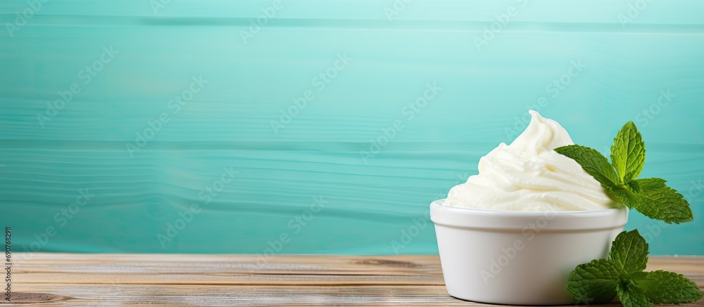 Aufkleber vanilla ice cream balls with mint leaves in a turquoise bowl on a turquoise wooden table. copyspace 