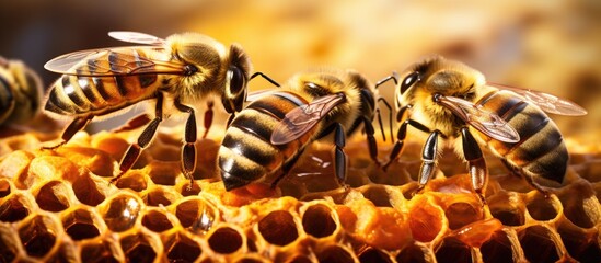 Wild honey bees Apis at work in a honeycomb that has fallen from a tree Locality National Park of Ceara Brazil. Copyspace image. Header for website template - obrazy, fototapety, plakaty