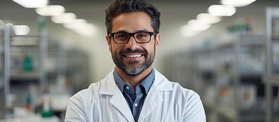 Young hispanic man scientist smiling confident with arms crossed gesture at laboratory. Copyspace image. Header for website template - obrazy, fototapety, plakaty