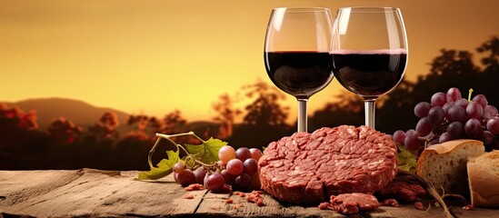 tartare raw beef with bread and wine glass. Copyspace image. Header for website template - obrazy, fototapety, plakaty