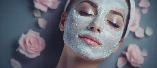 Spa therapy for young woman having cosmetic mask at beauty salon. Copyspace image. Header for website template