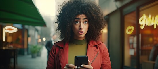 Young hispanic girl using smartphone and drinking a cup of coffee in shock face looking skeptical and sarcastic surprised with open mouth. Copyspace image. Header for website template