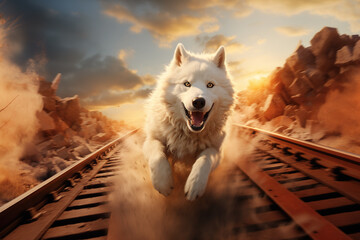 White Akita chasing the train on tracks point of view shot - obrazy, fototapety, plakaty