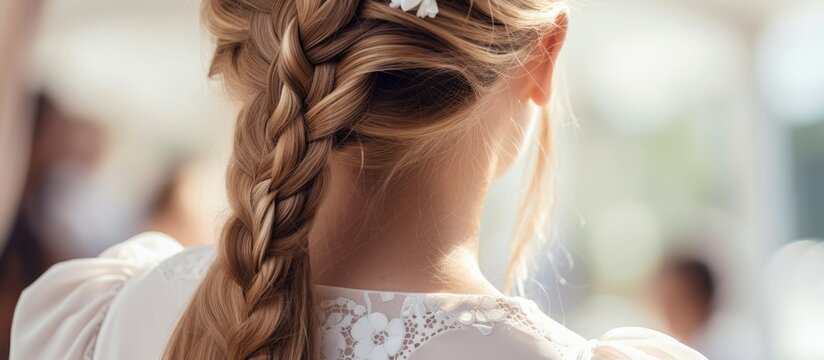 Young girl with braid or plait hairstyle long hair in a wedding ceremony. Copyspace image. Header for website template