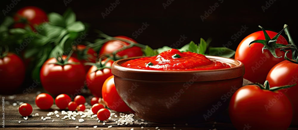 Leinwandbilder tomato ketchup sauce with garlic spices and herbs with cherry tomatoes in a glass bowl selective foc