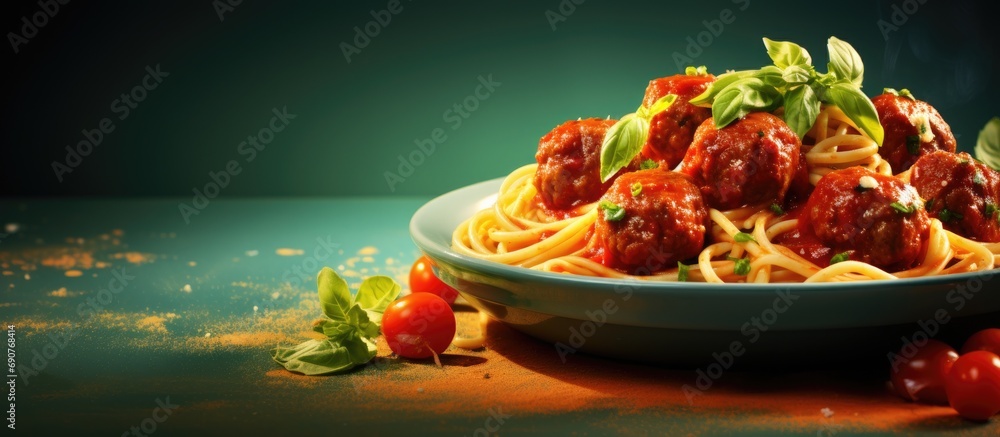 Poster spaghetti with meatballs and tomato sauce italian pasta. copyspace image. header for website templat