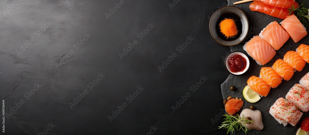 Aufkleber various kinds of sushi served on black stone. copyspace image. header for website template
